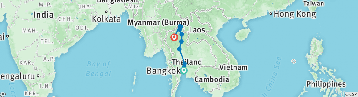Image of a map showing the route of the tour