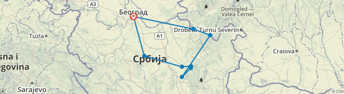 Image of a map showing the route of the tour