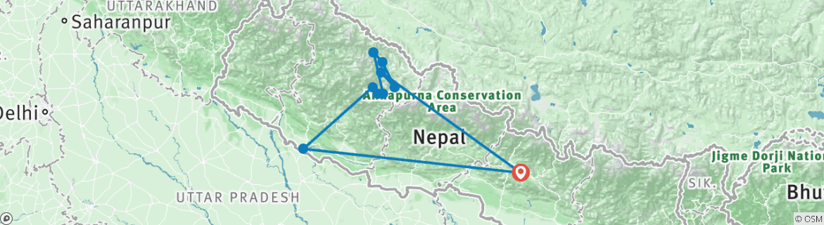 Image of a map showing the route of the tour