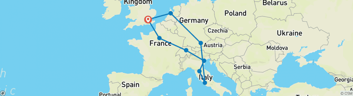 Image of a map showing the route of the tour