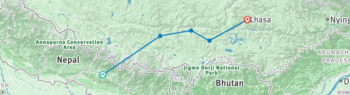 Image of a map showing the route of the tour