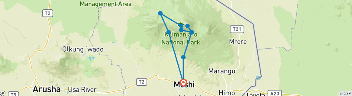 Kaart van Machame Route - 6 dagen