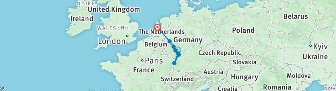 Image of a map showing the route of the tour