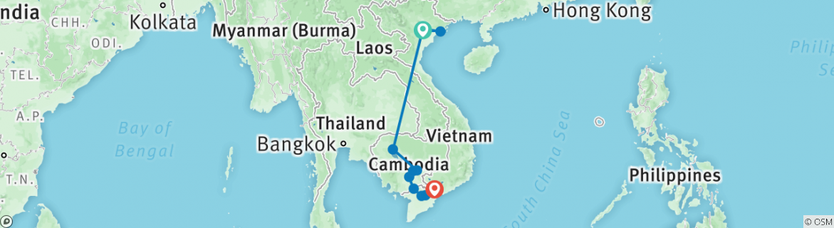 Image of a map showing the route of the tour