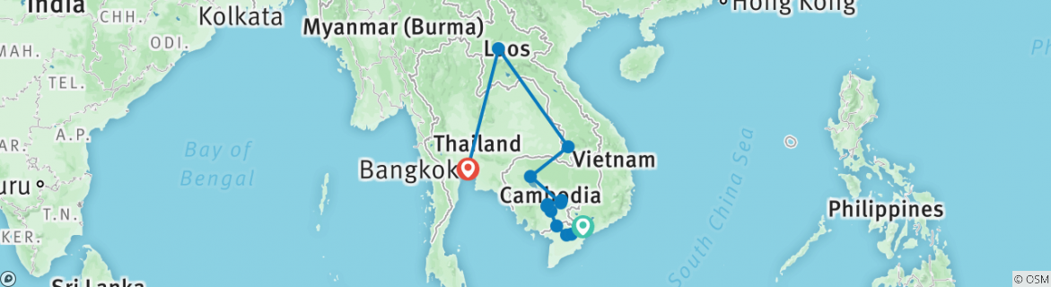 Image of a map showing the route of the tour