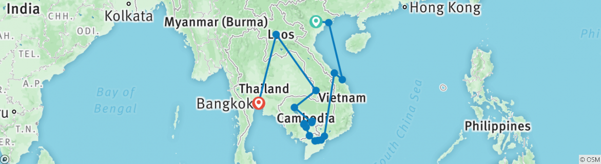 Image of a map showing the route of the tour
