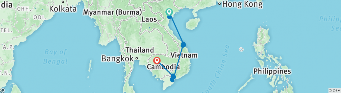 Image of a map showing the route of the tour