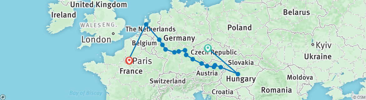 Image of a map showing the route of the tour
