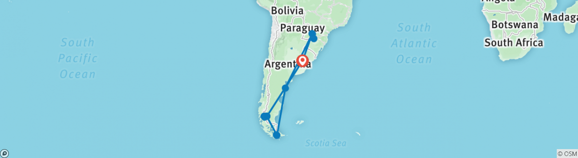 Image of a map showing the route of the tour