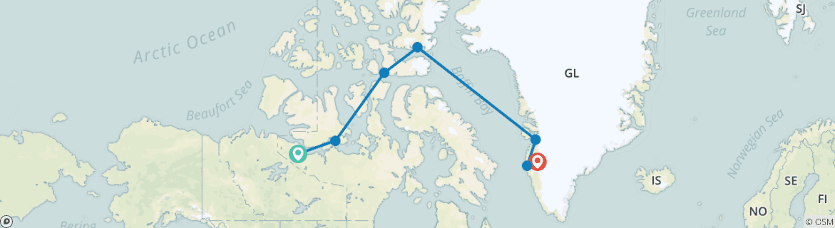 Image of a map showing the route of the tour