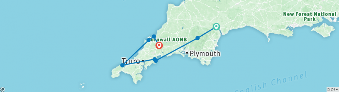 Image of a map showing the route of the tour
