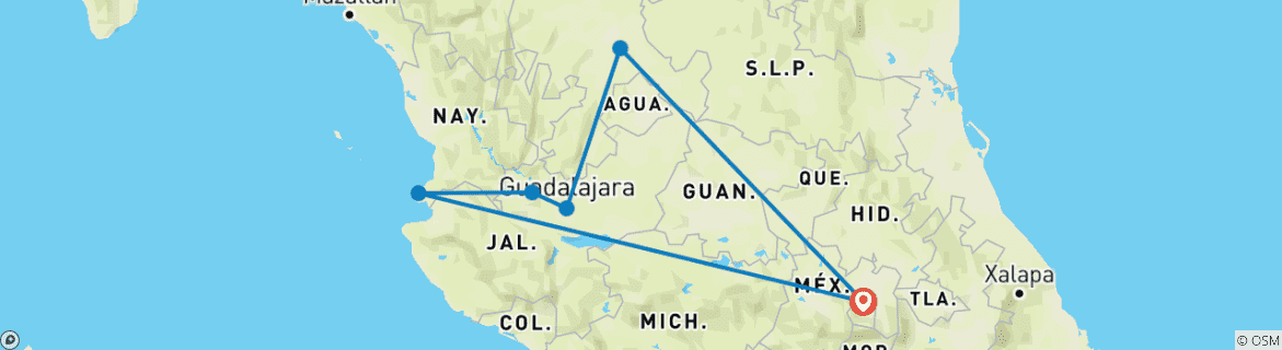 Image of a map showing the route of the tour