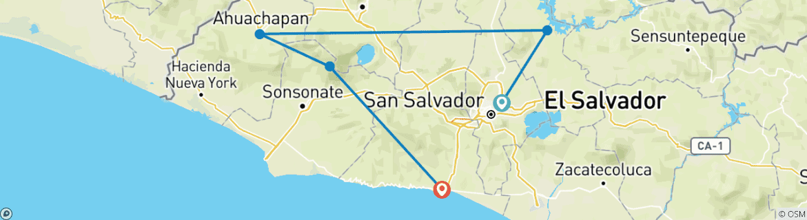 Image of a map showing the route of the tour