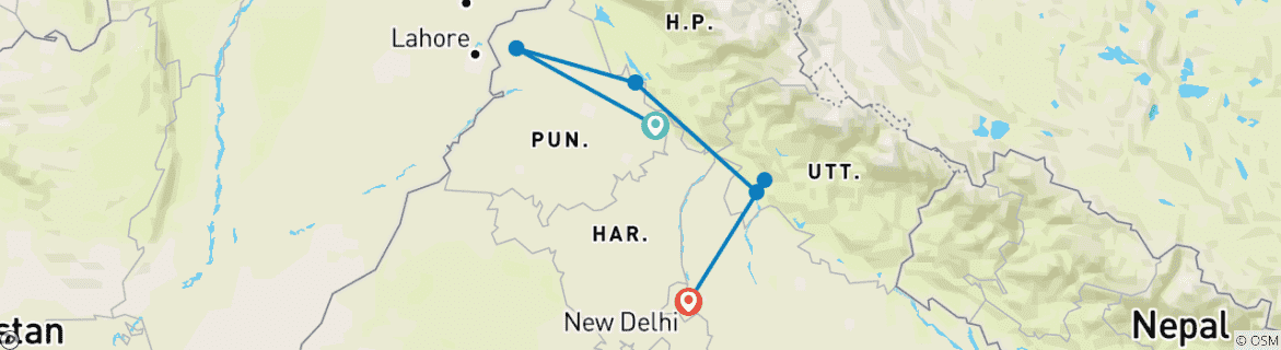 Image of a map showing the route of the tour
