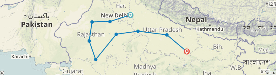 Image of a map showing the route of the tour