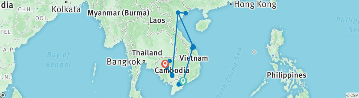 Image of a map showing the route of the tour