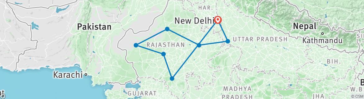 Image of a map showing the route of the tour