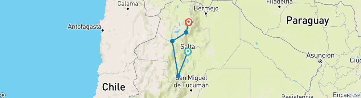 Image of a map showing the route of the tour