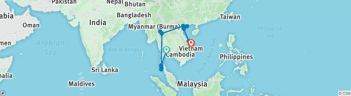 Image of a map showing the route of the tour