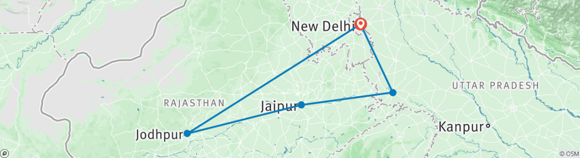 Image of a map showing the route of the tour