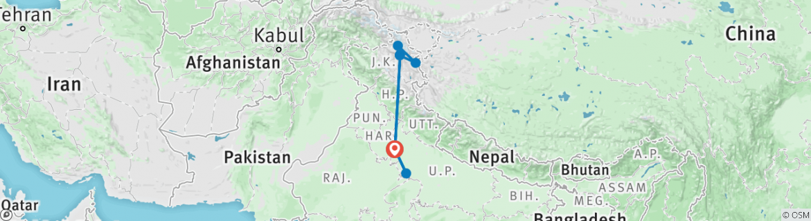 Image of a map showing the route of the tour