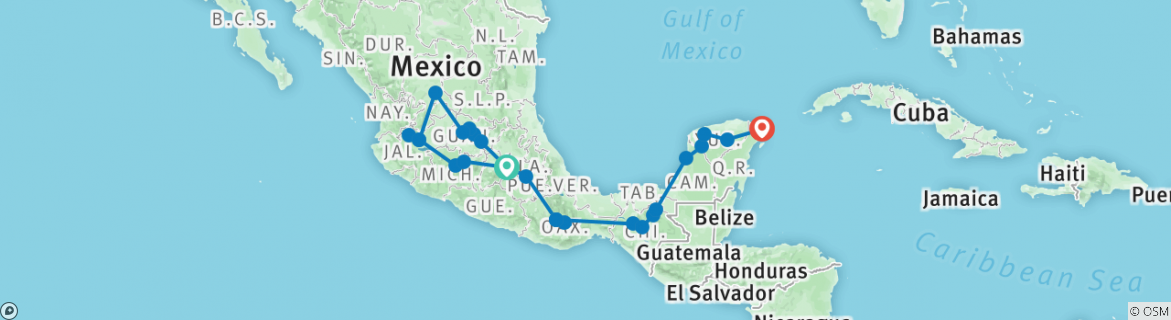 Image of a map showing the route of the tour