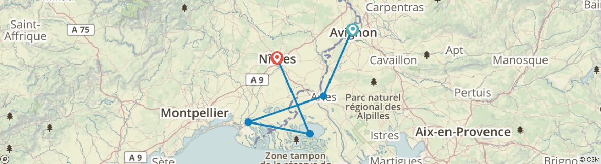 Image of a map showing the route of the tour