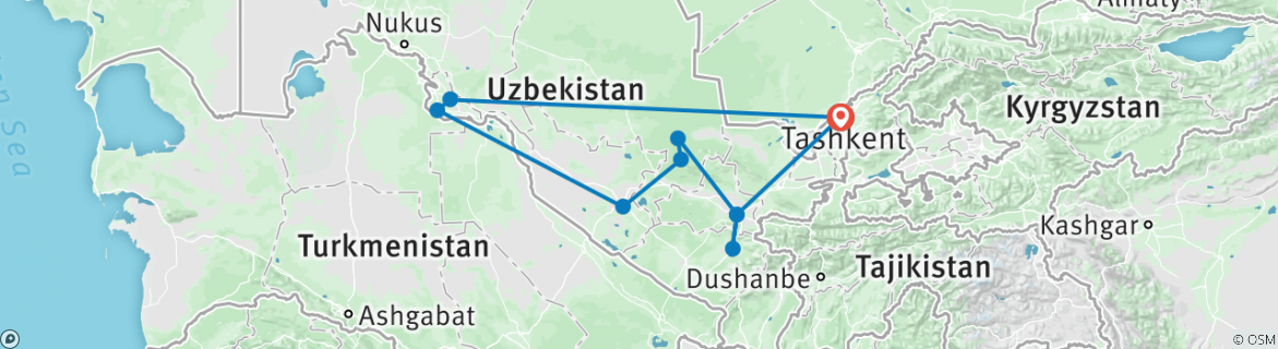 Image of a map showing the route of the tour