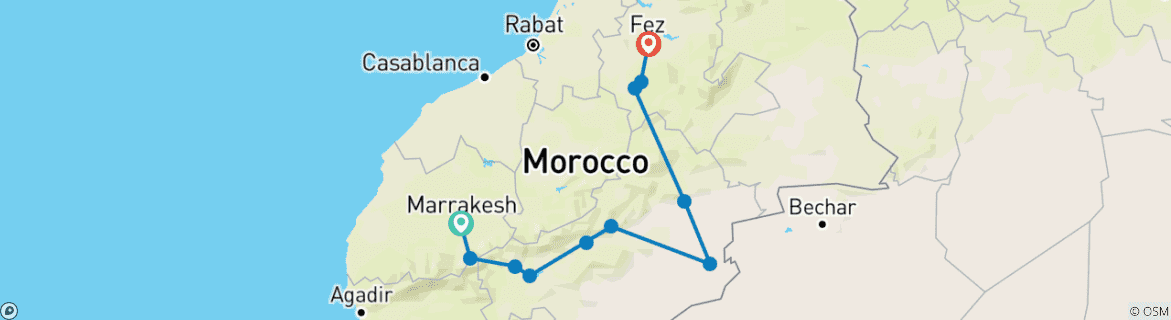 Image of a map showing the route of the tour