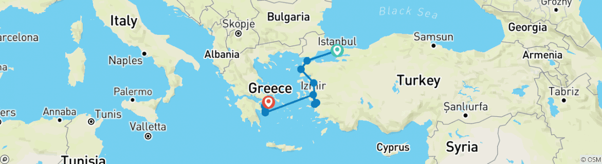 Image of a map showing the route of the tour