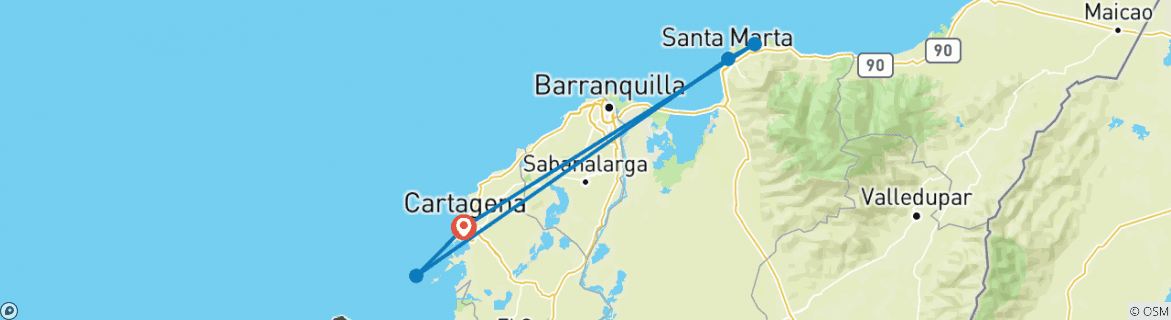 Image of a map showing the route of the tour