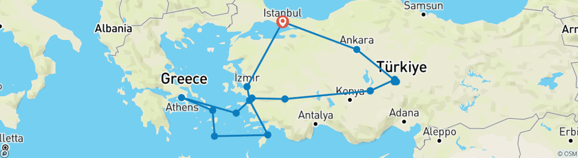 Image of a map showing the route of the tour