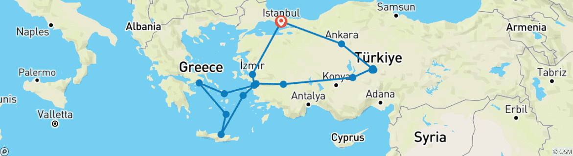 Image of a map showing the route of the tour
