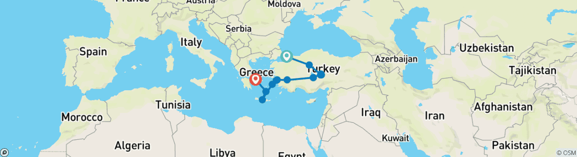 Image of a map showing the route of the tour