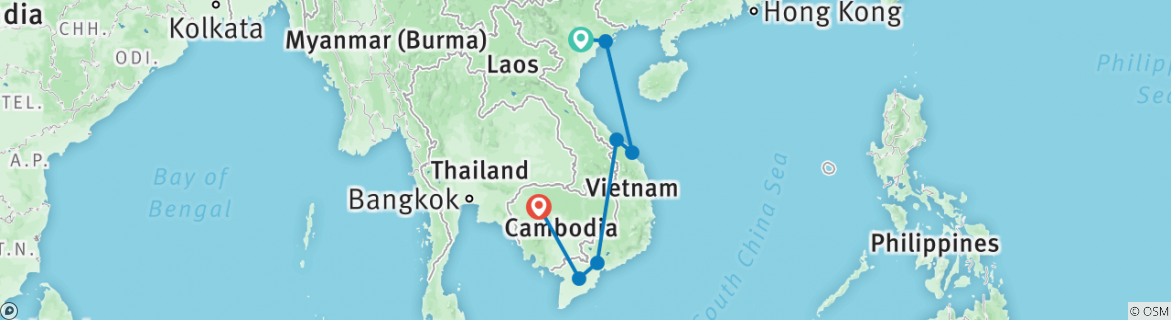 Image of a map showing the route of the tour