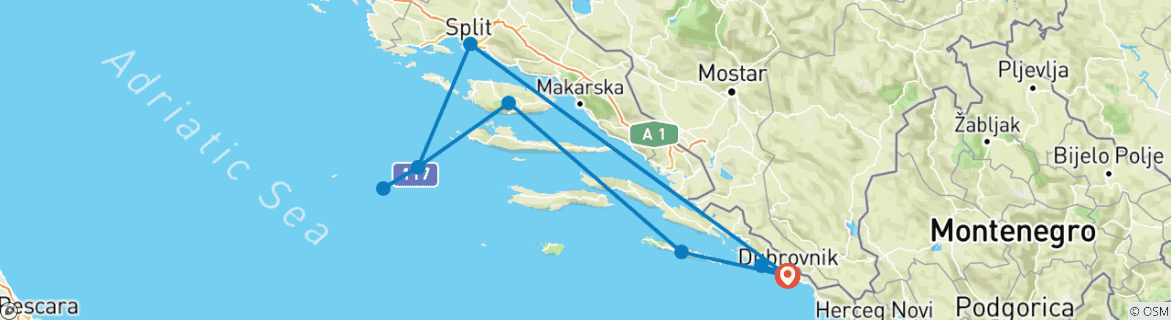 Image of a map showing the route of the tour