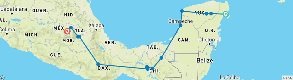 Image of a map showing the route of the tour