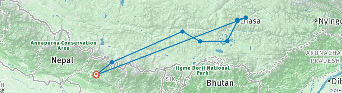 Image of a map showing the route of the tour