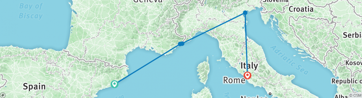 Image of a map showing the route of the tour