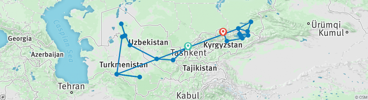 Image of a map showing the route of the tour