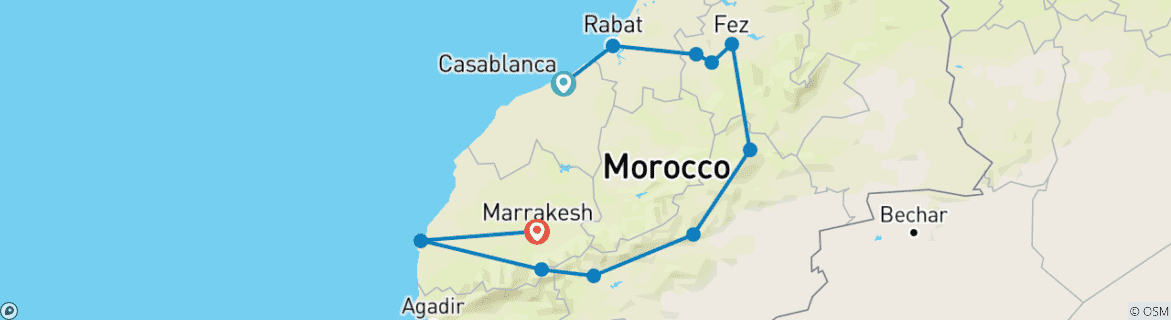 Image of a map showing the route of the tour