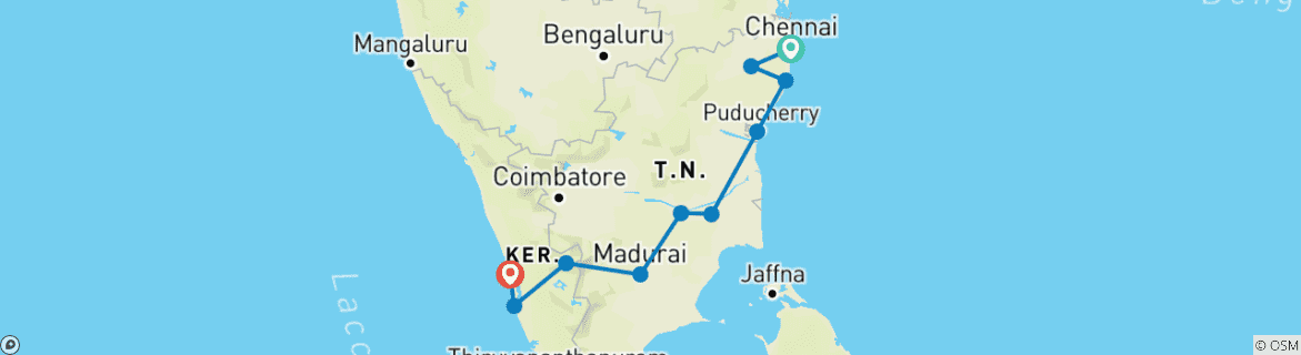 Mapa de Viaje a los templos del sur de la India con Kerala Espiritual Total todo incluido