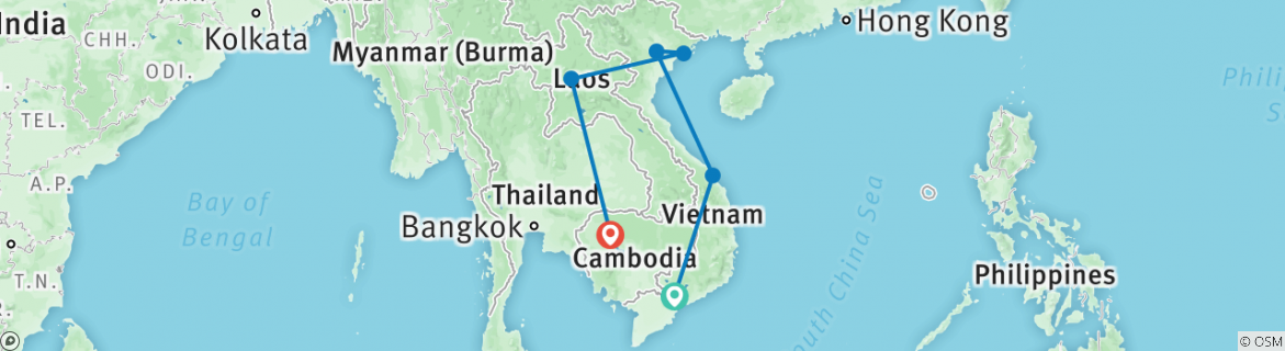 Image of a map showing the route of the tour