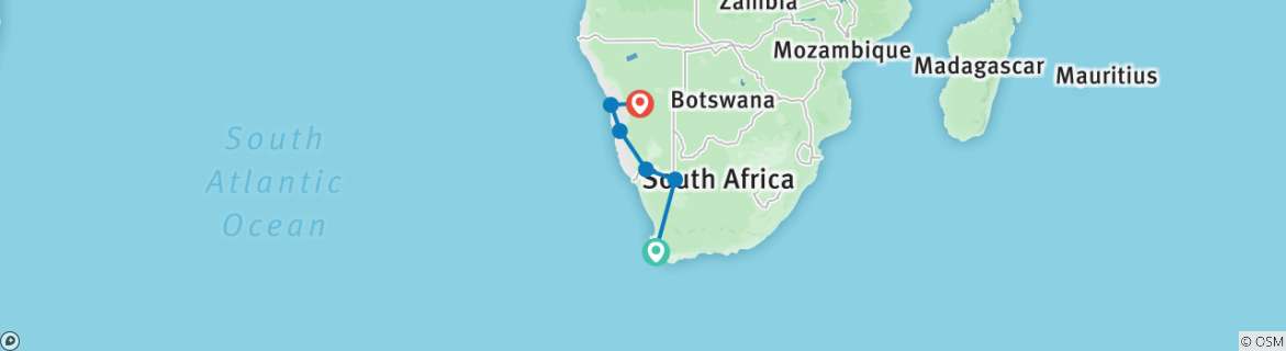 Image of a map showing the route of the tour