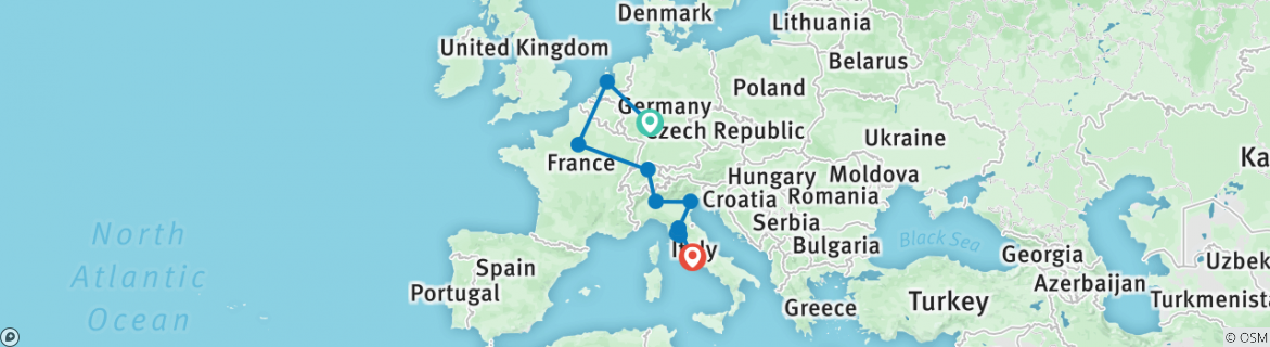 Image of a map showing the route of the tour