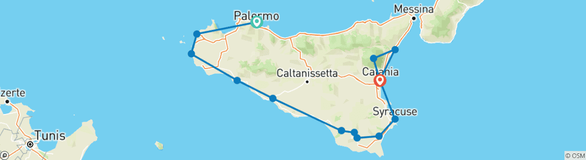 Image of a map showing the route of the tour