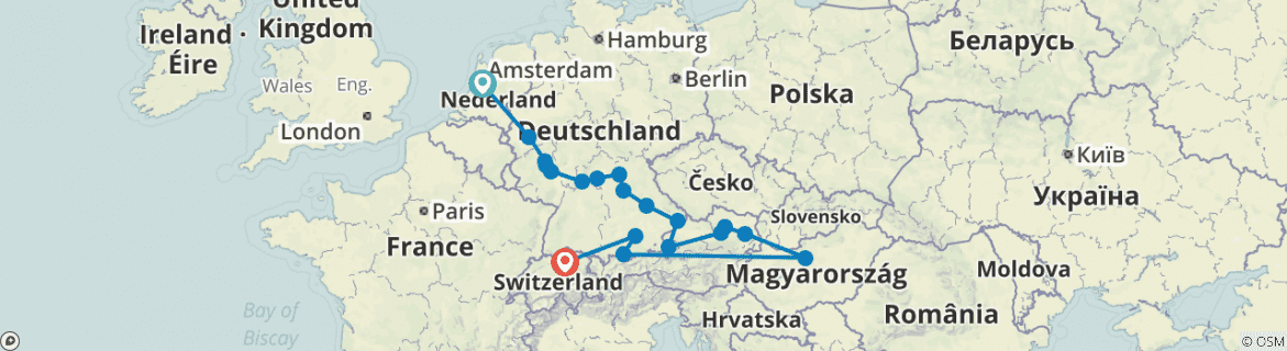 Image of a map showing the route of the tour