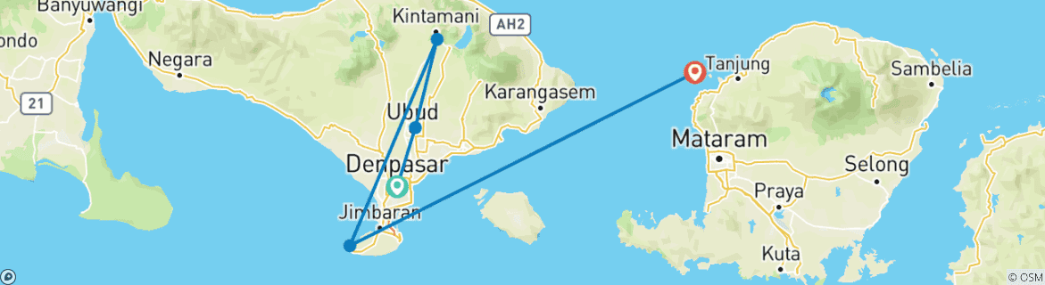 Karte von Bali und Gili Inseln Erlebnisreise - 7 Tage