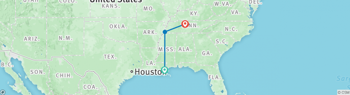 Image of a map showing the route of the tour