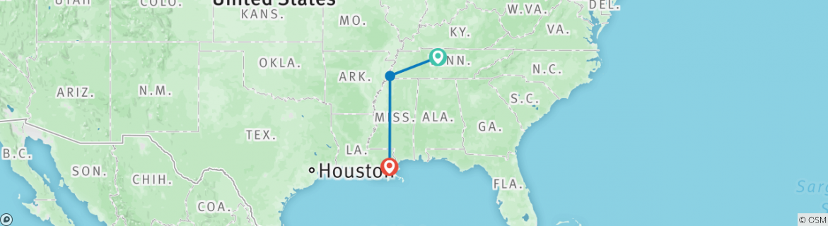 Image of a map showing the route of the tour
